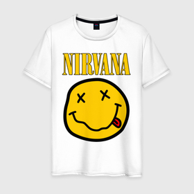 Мужская футболка хлопок с принтом NIRVANA в Санкт-Петербурге, 100% хлопок | прямой крой, круглый вырез горловины, длина до линии бедер, слегка спущенное плечо. | music | nirvana | rip smile | rock | smile | группа | курт кобейн | музыка | нирвана | рок | смайл