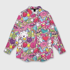 Мужская рубашка oversize 3D с принтом Девчачьи радости в Курске,  |  | cat | clou | crown | flower | funny | graffiti | heart | kitten | lips | lollipop | shoes | sneakers | strawberry | unicorn | граффити | губы | единорог | звезда | кеды | клубника | корона | кот | котёнок | леденец | мороженое | облако | обувь | помада | 