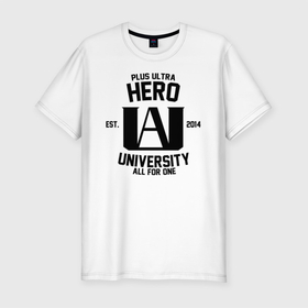 Мужская футболка хлопок Slim с принтом MHA   PLUS ULTRA HERO UNIVERSITY в Петрозаводске, 92% хлопок, 8% лайкра | приталенный силуэт, круглый вырез ворота, длина до линии бедра, короткий рукав | anime | bakugou | boku no hero academia | heroes | katsuki | manga | my hero academia | plus ultra | аниме | герои | манга | моя геройская академия | плюс ультра