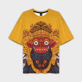 Мужская футболка oversize 3D с принтом Баронг в Белгороде,  |  | asian | background | balinese | barong | demon | ethnic | exotic | face | fangs | illustration | indonesian | look | mask | wild | yellow | азиатский | балийский | баронг | взгляд | демон | дикий | жёлтый | иллюстрация | индонезийский | клыки | лицо | мас