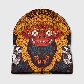 Шапка 3D с принтом Баронг , 100% полиэстер | универсальный размер, печать по всей поверхности изделия | asian | background | balinese | barong | demon | ethnic | exotic | face | fangs | illustration | indonesian | look | mask | wild | yellow | азиатский | балийский | баронг | взгляд | демон | дикий | жёлтый | иллюстрация | индонезийский | клыки | лицо | мас