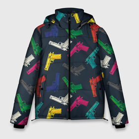 Мужская зимняя куртка 3D с принтом Разноцветные пистолеты в Тюмени, верх — 100% полиэстер; подкладка — 100% полиэстер; утеплитель — 100% полиэстер | длина ниже бедра, свободный силуэт Оверсайз. Есть воротник-стойка, отстегивающийся капюшон и ветрозащитная планка. 

Боковые карманы с листочкой на кнопках и внутренний карман на молнии. | Тематика изображения на принте: 