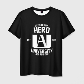 Мужская футболка 3D с принтом My Hero Academia белый лого в Курске, 100% полиэфир | прямой крой, круглый вырез горловины, длина до линии бедер | Тематика изображения на принте: all might | bakugou | boku no hero academia | heroes | katsuki | my hero academia | plus ultra | всемогущий | герои | моя геройская академия | плюс ультра