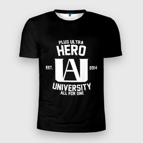 Мужская футболка 3D Slim с принтом My Hero Academia белый лого в Петрозаводске, 100% полиэстер с улучшенными характеристиками | приталенный силуэт, круглая горловина, широкие плечи, сужается к линии бедра | all might | bakugou | boku no hero academia | heroes | katsuki | my hero academia | plus ultra | всемогущий | герои | моя геройская академия | плюс ультра