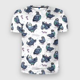 Мужская футболка 3D Slim с принтом Голуби в Петрозаводске, 100% полиэстер с улучшенными характеристиками | приталенный силуэт, круглая горловина, широкие плечи, сужается к линии бедра | голуби | голубьнаташа | голубьсоциопат | пернатый | почтовый | птицы | червячок | черяки