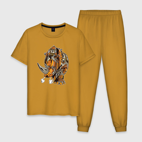 Мужская пижама хлопок с принтом Носорог Steampunk в Новосибирске, 100% хлопок | брюки и футболка прямого кроя, без карманов, на брюках мягкая резинка на поясе и по низу штанин
 | cyber | retro | rhino | robot | steampunk | носорог | панк | ретро | стимпанк