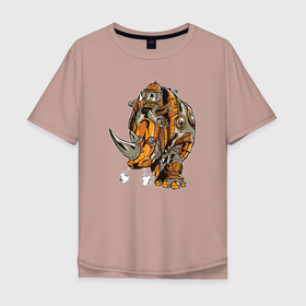 Мужская футболка хлопок Oversize с принтом Носорог Steampunk в Санкт-Петербурге, 100% хлопок | свободный крой, круглый ворот, “спинка” длиннее передней части | cyber | retro | rhino | robot | steampunk | носорог | панк | ретро | стимпанк