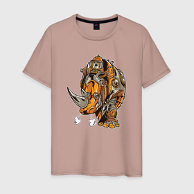 Мужская футболка хлопок с принтом Носорог Steampunk в Петрозаводске, 100% хлопок | прямой крой, круглый вырез горловины, длина до линии бедер, слегка спущенное плечо. | cyber | retro | rhino | robot | steampunk | носорог | панк | ретро | стимпанк
