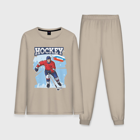 Мужская пижама с лонгсливом хлопок с принтом Хоккей Russia в Белгороде,  |  | hockey | russia | зима | зимние игры | клюшка | лед | россия | снег | спорт | спортсмен | хоккеист | хоккей | шайба