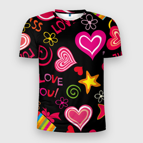 Мужская футболка 3D Slim с принтом Любовь на века в Петрозаводске, 100% полиэстер с улучшенными характеристиками | приталенный силуэт, круглая горловина, широкие плечи, сужается к линии бедра | влюбленные | любовь | надпись | сердца