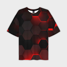 Мужская футболка oversize 3D с принтом Красные абстрактные плиты в Екатеринбурге,  |  | 3d | 3д | абстракция | квадраты | неон | плитки | плиты | свет | свечение | текстура