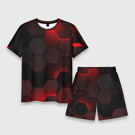 Мужской костюм с шортами 3D с принтом Красные абстрактные плиты в Курске,  |  | 3d | 3д | абстракция | квадраты | неон | плитки | плиты | свет | свечение | текстура
