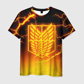 Мужская футболка 3D с принтом АТАКА ТИТАНОВ. Огненные молнии в Екатеринбурге, 100% полиэфир | прямой крой, круглый вырез горловины, длина до линии бедер | attack on titan | monsters | атака титанов | монстры | титаны