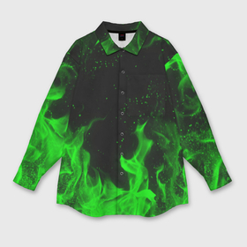 Мужская рубашка oversize 3D с принтом Зелёный огонь green fire в Санкт-Петербурге,  |  | Тематика изображения на принте: bright | fire | flame | heat | light | wildfire | искры | огненный | огонь | пламя | пожар