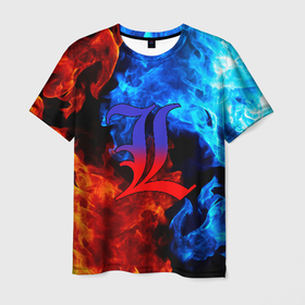 Мужская футболка 3D с принтом L letter fire в Белгороде, 100% полиэфир | прямой крой, круглый вырез горловины, длина до линии бедер | death note | l | л | рюк