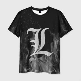Мужская футболка 3D с принтом L letter flame gray в Белгороде, 100% полиэфир | прямой крой, круглый вырез горловины, длина до линии бедер | death note | l | л | рюк