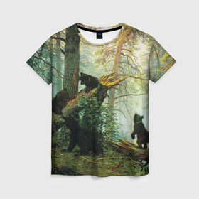 Женская футболка 3D с принтом Утро в сосновом лесу в Кировске, 100% полиэфир ( синтетическое хлопкоподобное полотно) | прямой крой, круглый вырез горловины, длина до линии бедер | живопись | искусство | картина | художники | шедевры
