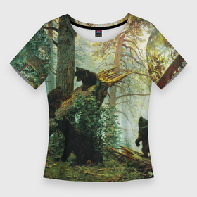 Женская футболка 3D Slim с принтом Утро в сосновом лесу в Кировске,  |  | живопись | искусство | картина | художники | шедевры