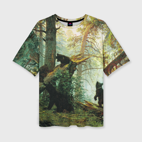 Женская футболка oversize 3D с принтом Утро в сосновом лесу в Кировске,  |  | живопись | искусство | картина | художники | шедевры