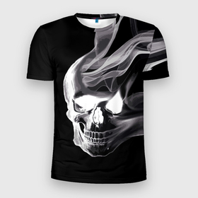 Мужская футболка 3D Slim с принтом Wind   smoky skull в Белгороде, 100% полиэстер с улучшенными характеристиками | приталенный силуэт, круглая горловина, широкие плечи, сужается к линии бедра | grin | jaw | orbits | skull | smoke | teeth | wind | ветер | глазницы | дым | зубы | оскал | череп