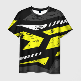 Мужская футболка 3D с принтом Black yellow  abstract sport style в Новосибирске, 100% полиэфир | прямой крой, круглый вырез горловины, длина до линии бедер | Тематика изображения на принте: texture | абстракция | граффити | краски | линии | текстура | уличный стиль | яркая