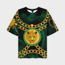 Мужская футболка oversize 3D с принтом Золотой леопард и цепь ,  |  | fashion | luxury | texture | дорогая | дорогой | золото | люкс | паттерн | роскошь | серебро | стиль | стильная | текстура