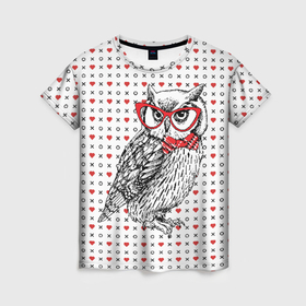 Женская футболка 3D с принтом Мудрая сова  в   очках , 100% полиэфир ( синтетическое хлопкоподобное полотно) | прямой крой, круглый вырез горловины, длина до линии бедер | бабочки | мудрая | мудрость | наука | начитанная | очки | птица | сова | совенок | совушка | умная