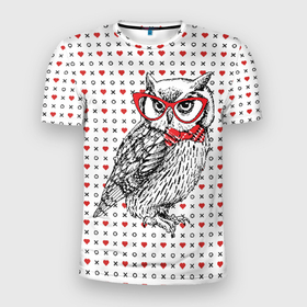 Мужская футболка 3D Slim с принтом Мудрая сова  в   очках в Белгороде, 100% полиэстер с улучшенными характеристиками | приталенный силуэт, круглая горловина, широкие плечи, сужается к линии бедра | бабочки | мудрая | мудрость | наука | начитанная | очки | птица | сова | совенок | совушка | умная