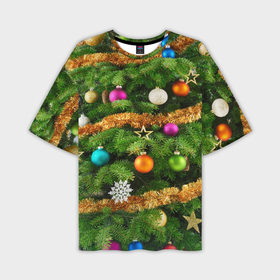 Мужская футболка OVERSIZE 3D с принтом Живая новогодняя ёлка в Екатеринбурге,  |  | Тематика изображения на принте: гирлянда | елка | ёлочные игрушки | ель | конфетти | мишура | новый год | пихта | снежинки | украшения | хвоя