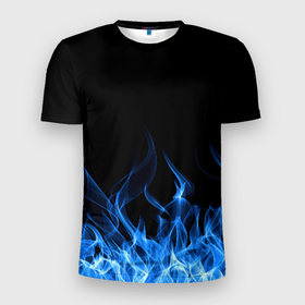 Мужская футболка 3D Slim с принтом Синий Огонь в Петрозаводске, 100% полиэстер с улучшенными характеристиками | приталенный силуэт, круглая горловина, широкие плечи, сужается к линии бедра | минимализм | огонь | синий огонь