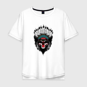 Мужская футболка хлопок Oversize с принтом Индеец в Санкт-Петербурге, 100% хлопок | свободный крой, круглый ворот, “спинка” длиннее передней части | индеец | индейцы | перья | рисунок | череп