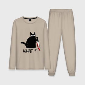Мужская пижама с лонгсливом хлопок с принтом What cat в Белгороде,  |  | Тематика изображения на принте: cat | kitten | knife | what | кот | котёнок | кошка | кровь | нож | что