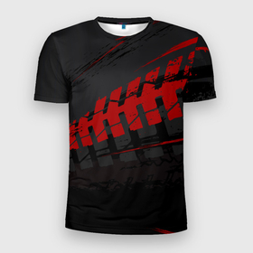 Мужская футболка 3D Slim с принтом Красный след на черном в Петрозаводске, 100% полиэстер с улучшенными характеристиками | приталенный силуэт, круглая горловина, широкие плечи, сужается к линии бедра | Тематика изображения на принте: 