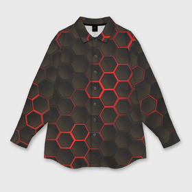 Мужская рубашка oversize 3D с принтом Соты объемные с красным свечением в Петрозаводске,  |  | Тематика изображения на принте: 3d | 3д | black | metal | red | texture | абстракция | камень | лава | метал | соты | текстура | черная