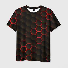 Мужская футболка 3D с принтом Соты объемные с красным свечением в Белгороде, 100% полиэфир | прямой крой, круглый вырез горловины, длина до линии бедер | 3d | 3д | black | metal | red | texture | абстракция | камень | лава | метал | соты | текстура | черная