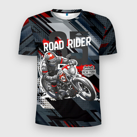 Мужская футболка 3D Slim с принтом Road rider мотоциклист в Белгороде, 100% полиэстер с улучшенными характеристиками | приталенный силуэт, круглая горловина, широкие плечи, сужается к линии бедра | moto | motobike | road rider | гонка | гонщик | мото | мотоцикл | мотоциклист