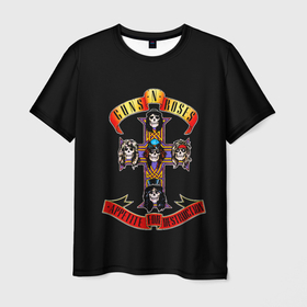Мужская футболка 3D с принтом Guns n roses + Спина в Санкт-Петербурге, 100% полиэфир | прямой крой, круглый вырез горловины, длина до линии бедер | axl rose | geffen records | gnr | guns | rock | roses | slash | гансы | пистолеты | розы | рок | слеш | эксл роуз