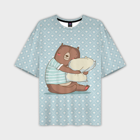 Мужская футболка oversize 3D с принтом Сонный мишка с подушкой в Белгороде,  |  | медведь | милота | милый | милый мишка | миша | мишка | подушка | сон | сонный | спит
