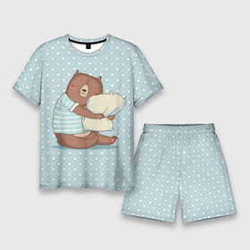 Мужской костюм с шортами 3D с принтом Сонный мишка с подушкой ,  |  | Тематика изображения на принте: медведь | милота | милый | милый мишка | миша | мишка | подушка | сон | сонный | спит
