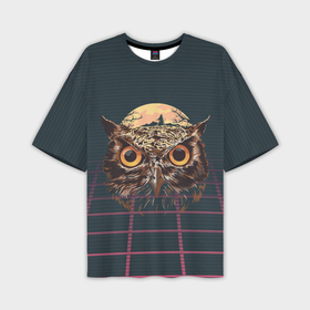 Мужская футболка oversize 3D с принтом Мудрая сова ретро в Екатеринбурге,  |  | большие глаза | взгляд | знания | клюв | луна | мудрая | мудрость | ночь | птица | сова | совенок | совушка | ум | хищная