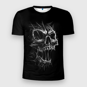 Мужская футболка 3D Slim с принтом Cry в Санкт-Петербурге, 100% полиэстер с улучшенными характеристиками | приталенный силуэт, круглая горловина, широкие плечи, сужается к линии бедра | cry | fear | grin. teeth | halloween | horror | jaw | skull | зубы | крик | оскал | ужас | хэллоуин | череп