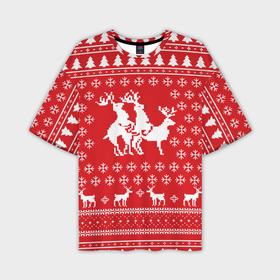 Мужская футболка oversize 3D с принтом Свитер с оленями красный в Новосибирске,  |  | christmas | new year | winter | дед мороз | зима | ирония | клауз | клаус | новый год | олени | подарки | рождество | санта | сарказм | свитер с оленями | снег
