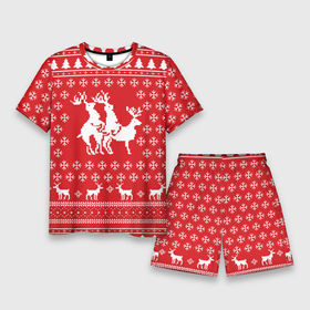 Мужской костюм с шортами 3D с принтом Свитер с оленями красный ,  |  | Тематика изображения на принте: christmas | new year | winter | дед мороз | зима | ирония | клауз | клаус | новый год | олени | подарки | рождество | санта | сарказм | свитер с оленями | снег