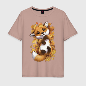 Мужская футболка хлопок Oversize с принтом Осенний лисёнок в Белгороде, 100% хлопок | свободный крой, круглый ворот, “спинка” длиннее передней части | fox | лис | лиса | лисёнок | лисичка | листва | листья | осень | рыжая