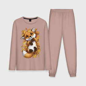 Мужская пижама с лонгсливом хлопок с принтом Осенний лисёнок ,  |  | fox | лис | лиса | лисёнок | лисичка | листва | листья | осень | рыжая