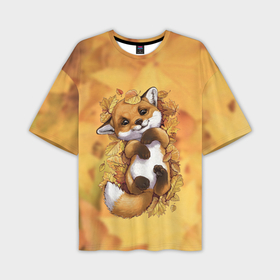 Мужская футболка oversize 3D с принтом Осенний лисёнок ,  |  | fox | лис | лиса | лисёнок | лисичка | листва | листья | осень | рыжая