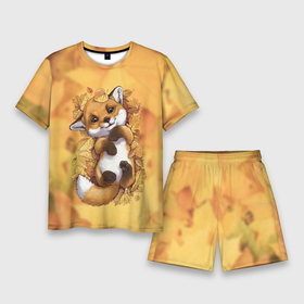 Мужской костюм с шортами 3D с принтом Осенний лисёнок ,  |  | fox | лис | лиса | лисёнок | лисичка | листва | листья | осень | рыжая