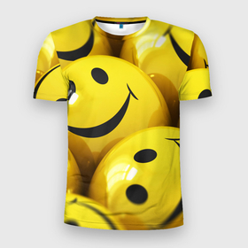 Мужская футболка 3D Slim с принтом Yellow smile в Курске, 100% полиэстер с улучшенными характеристиками | приталенный силуэт, круглая горловина, широкие плечи, сужается к линии бедра | Тематика изображения на принте: emoji | настроение | позитив | смайлики | смайлы | стикеры | текстура смайл | улыбки | фон смайл | эмодзи