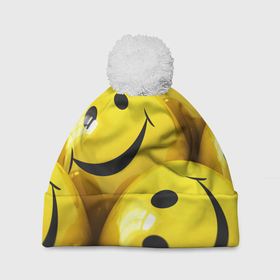Шапка 3D c помпоном с принтом Yellow smile в Санкт-Петербурге, 100% полиэстер | универсальный размер, печать по всей поверхности изделия | emoji | настроение | позитив | смайлики | смайлы | стикеры | текстура смайл | улыбки | фон смайл | эмодзи