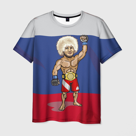 Мужская футболка 3D с принтом Хабиб   Нурмагомедов в Петрозаводске, 100% полиэфир | прямой крой, круглый вырез горловины, длина до линии бедер | 